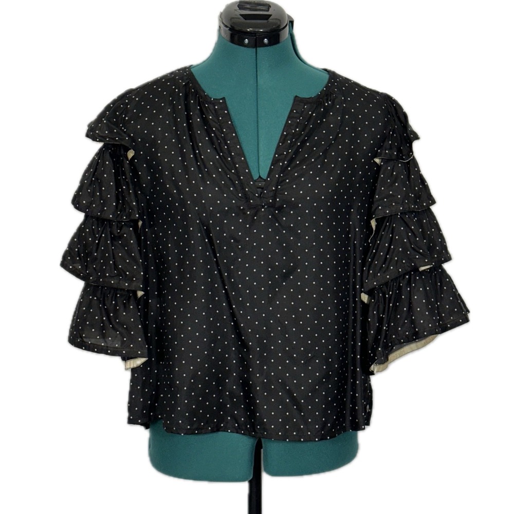 Scotch & Soda Maison Scotch Silk Polka Dot Ruffle Blouse XS Black‎ Nautical